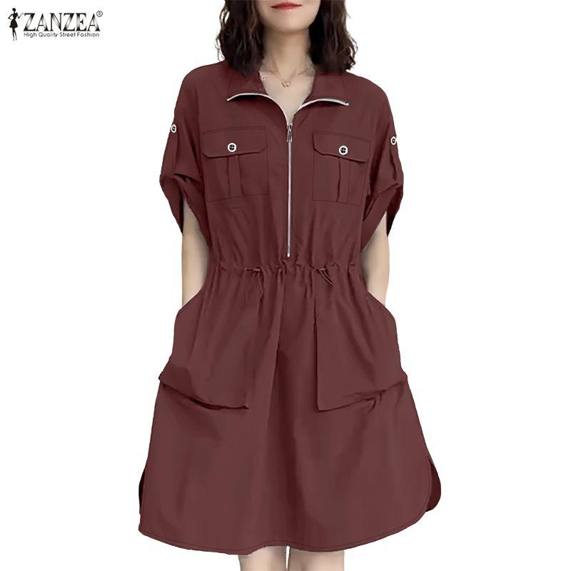 ZANZEA Vestido feminino casual gola virada para baixo verão manga curta