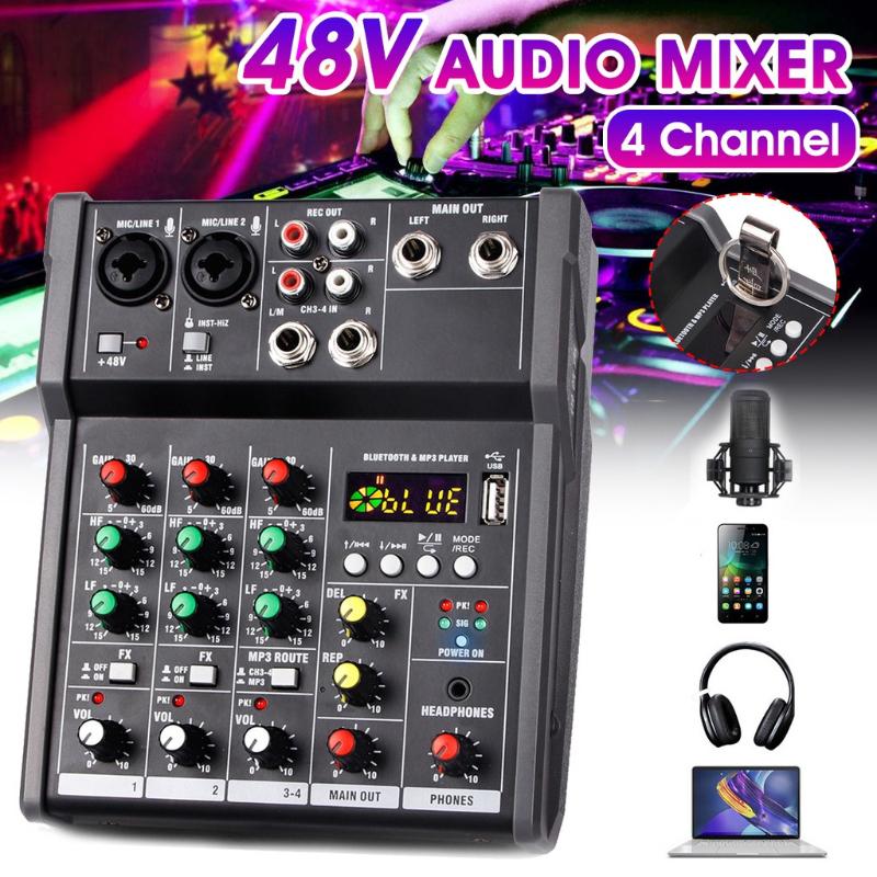 48V 4 Kanallı Bluetooth Ses Kartı Mikser Konsolu Dijital Ses Mikseri MP3 USB Girişi + Müzik Kaydı Karaoke için Phantom Güç