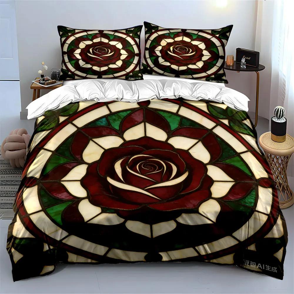 Stained Glass Rose Decoration Set Multiple sizes kid's and adults' bedroom Exquisite 3PC bedding set gift