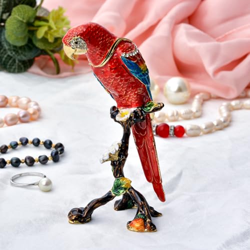 FJ FENGZHIJIE Red Parrot Trinket Box with Crystal, Enamel Bird Figurine, Jewelry Box, Home Decor, Gift for Bird Lovers