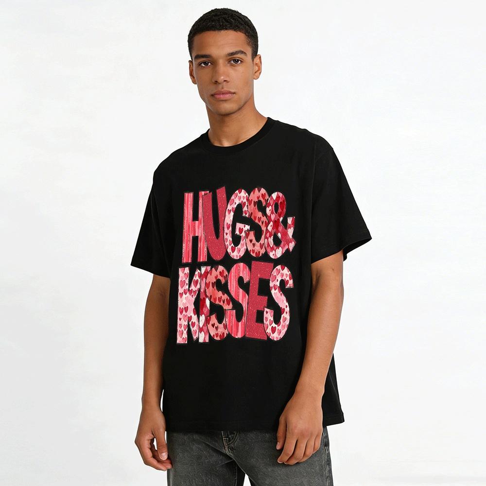 Valentine's Day Hugs Kisses Print Casual Crew Neck T-Shirt Pure Cotton T-shirt
