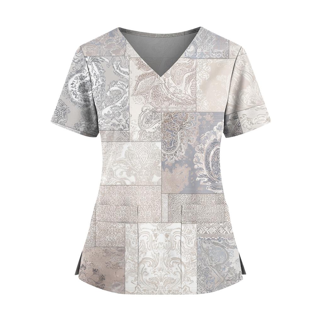 Ladies' Fashionable Floral Print V-neck Double Pocket Short Sleeved Shirt With Slit Hem And Protective Worker's Top