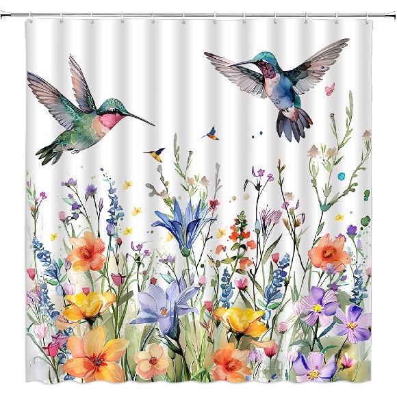 Hummingbird Shower Curtain Spring Colorful Birds Watercolor Floral Leaves Nature Garden Scenery Modern Blooming Flower Plant Fabric Curtain with Hook