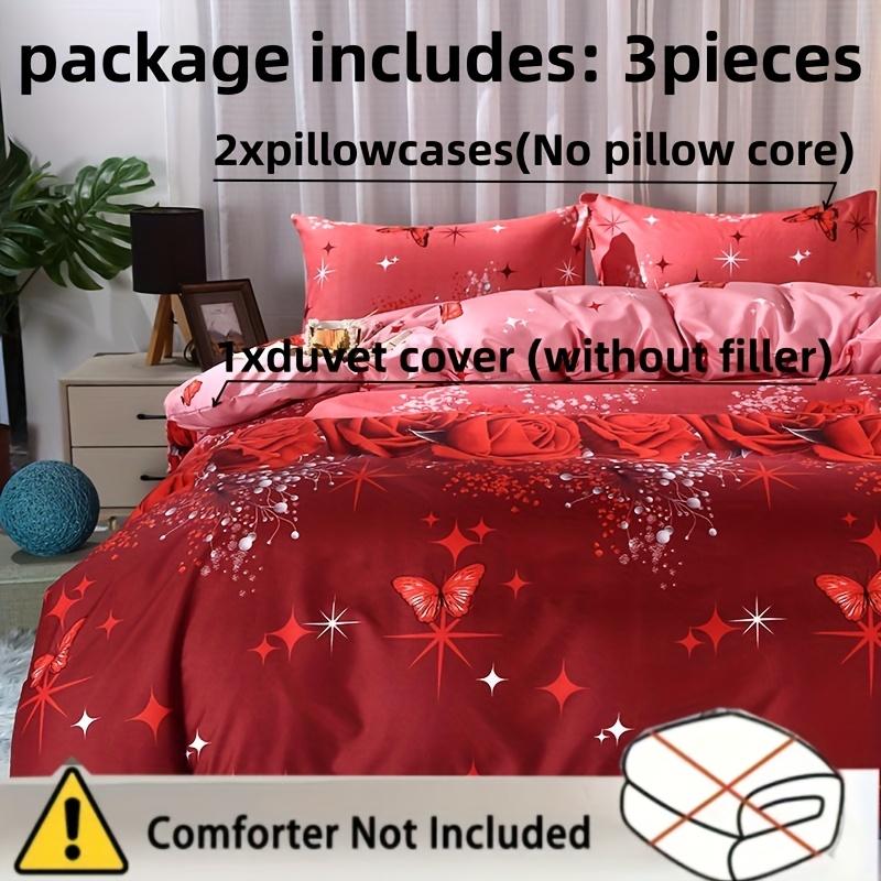 3Pcs Polyester Fiber Soft, Skin-Friendly Quilt Cover Set (Two Pillowcases And One Quilt Cover). Red Is The Primary Color