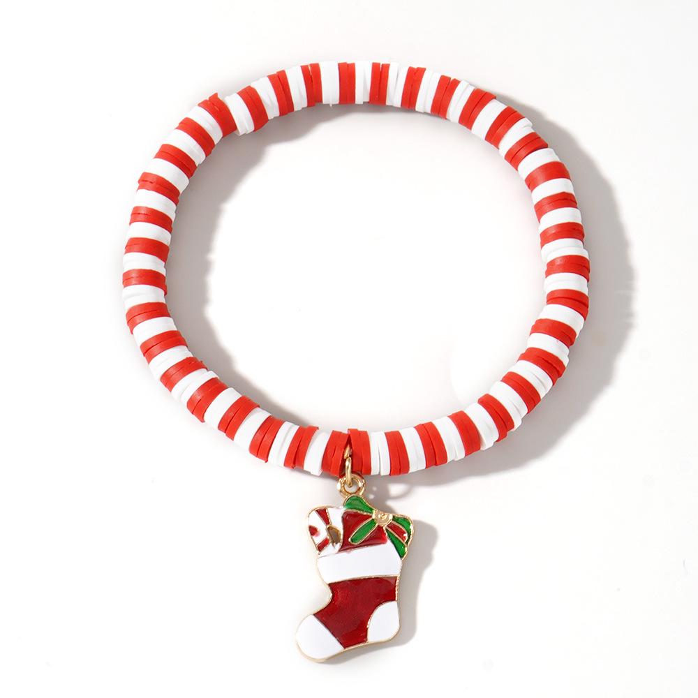 Christmas Clay Beaded Bracelet with Tree, Snowman, Bell & Reindeer Pendants In Red, White & Green - Festive Hand Jewelry
