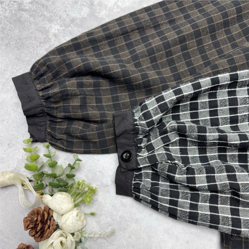 Johnature Japanese-style Color-blocked Collared Plaid Button-down Dress Spring Autumn Dresses