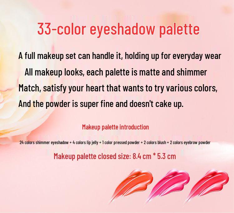 Set Machiaj Lameila 33 Culori: Blush strălucitor, Ruj, Noroi pentru buze, Pudră pentru sprâncene, Paletă de farduri de pleoape - Perfect pentru spectacolele de scenă de Ziua Copilului.