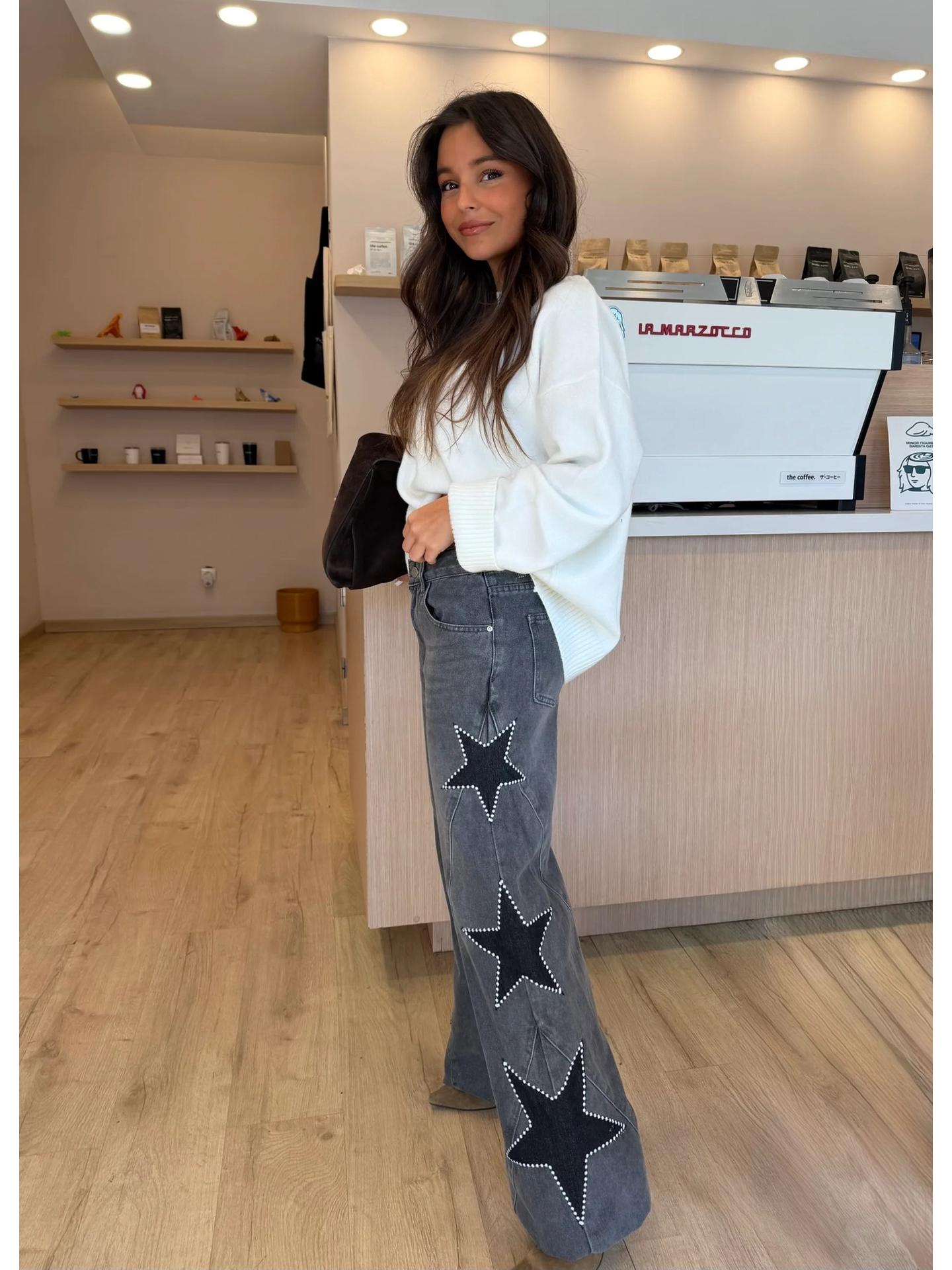

2026 Women s European & American Star-Print Loose Straight-Leg Denim Pants Extra Large черный серый