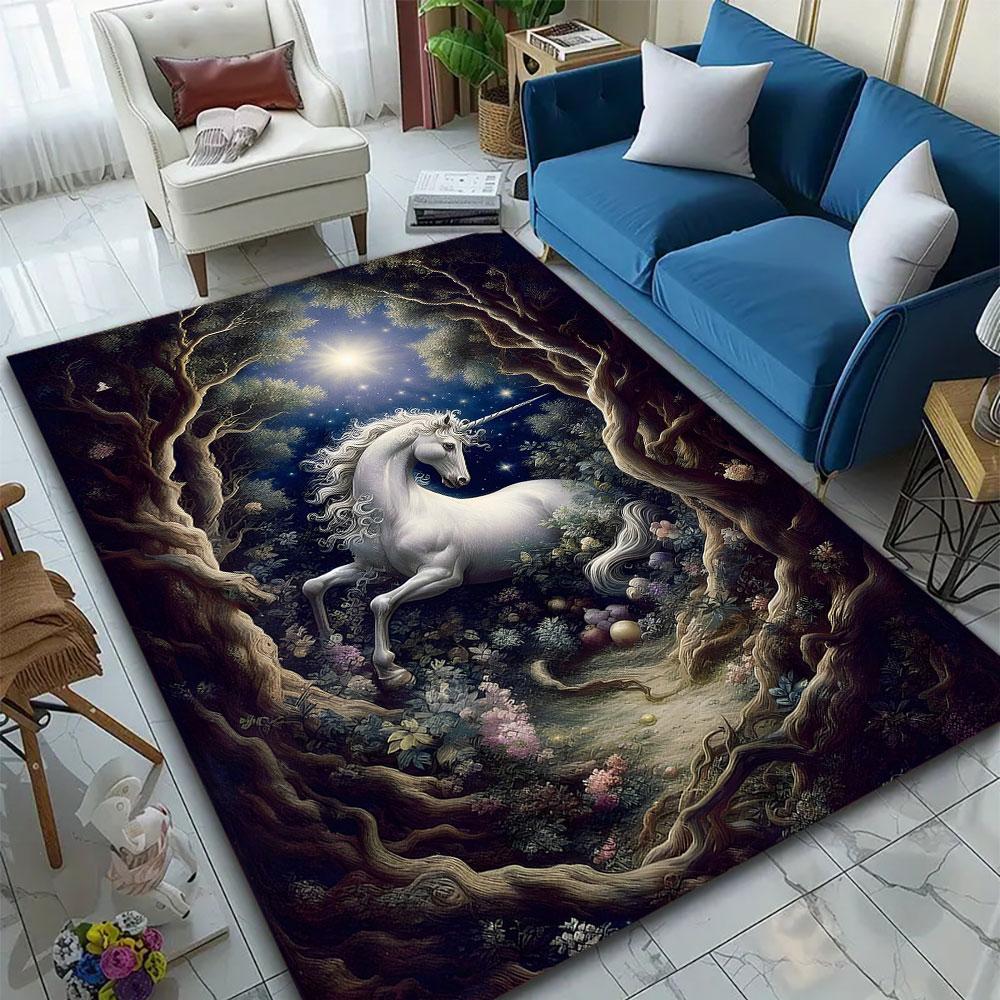 Majestic Unicorn in Enchanted Forest Patterned carpet, suitable as a non slip play mat for the living room and bedroom sofa
