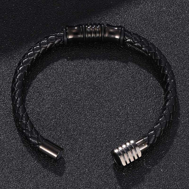 Fashion Jewelry of Men Genuine Leather Bracelet Black Creative Design Stainless Steel Buckle Man Charm Bangle