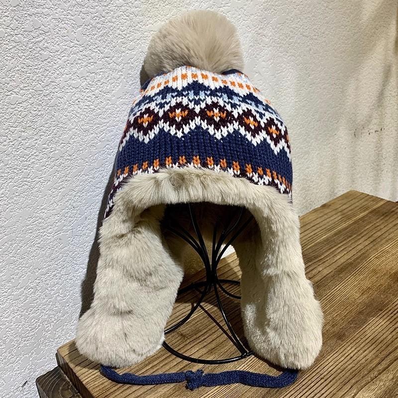 Winter Warm Cute Pom-pom Earflap Beanie Hat For Women High Top Short Brim Knit Ear Warmer Cap Trendy Red