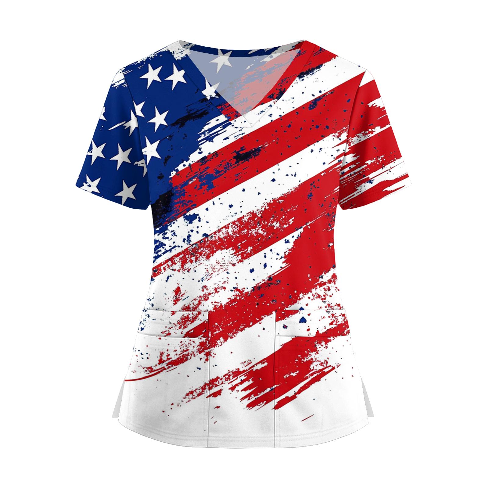 

Women s V Neck Short Sleeve Work Top with Pockets Split Hem Independent Day Print Shirt Medical Uniform Nurse Scrub Shirt XL білий