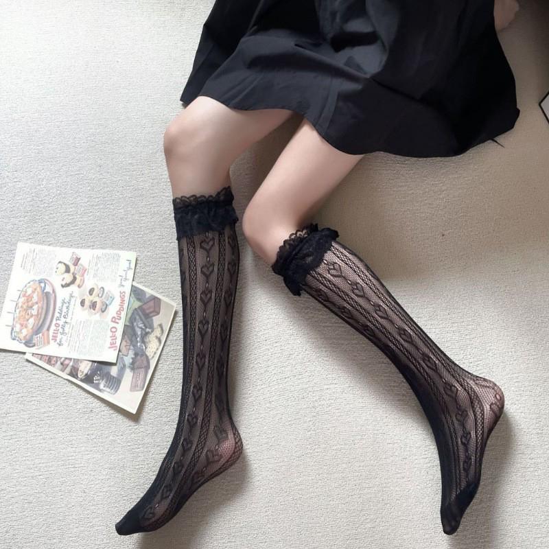 Kave Nero Stile Giapponese Lolita Calzettoni Al Ginocchio Calze da Donna Sexy Pizzo Fiocco Calze Lunghe Calzettoni Autoreggenti Ragazze Dolci