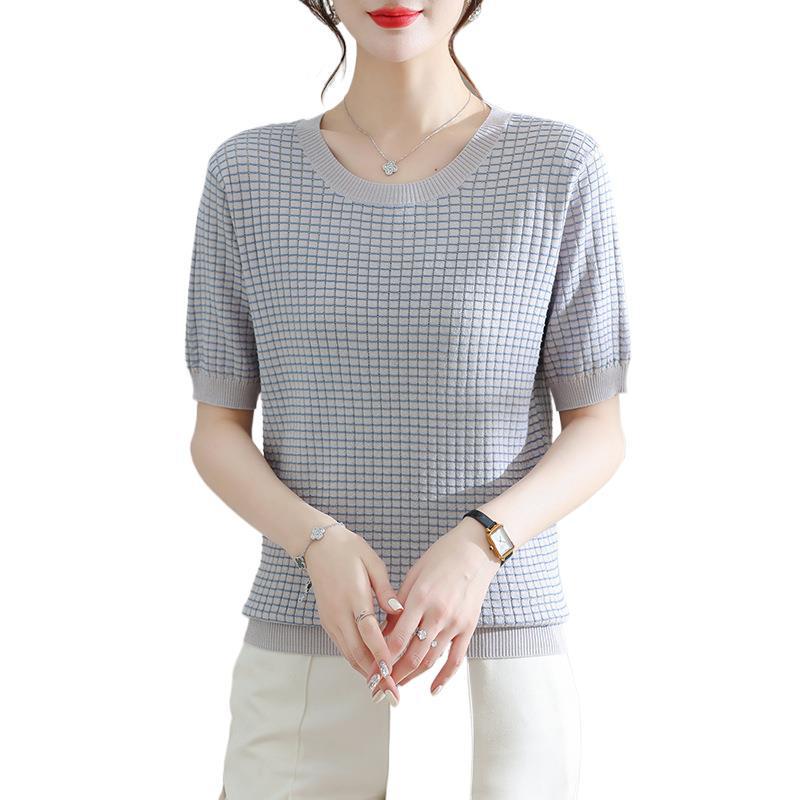 Mom's Summer Ice Silk Short-Sleeve Blouse - New Style for Mid-Aged Women, Thin, Fashionable Knit T-Shirt Top