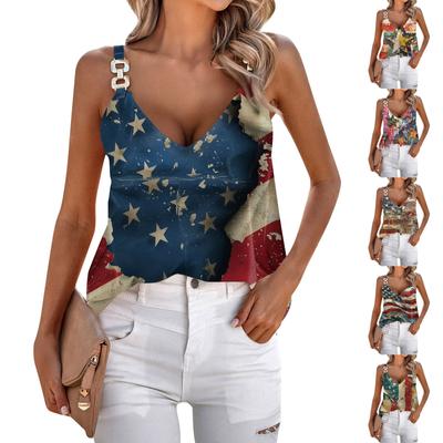 Womens Summer Tank Tops Strap Casual Loose Fit V Neck Sleeveless Print Tops