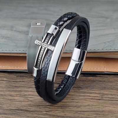 Bedel Kruis Vlechtpatroon Leer Geweven Roestvrij Staal Armband Magnetische Sluiting Touw Geweven Armband Mannen Sieraden Cadeaus