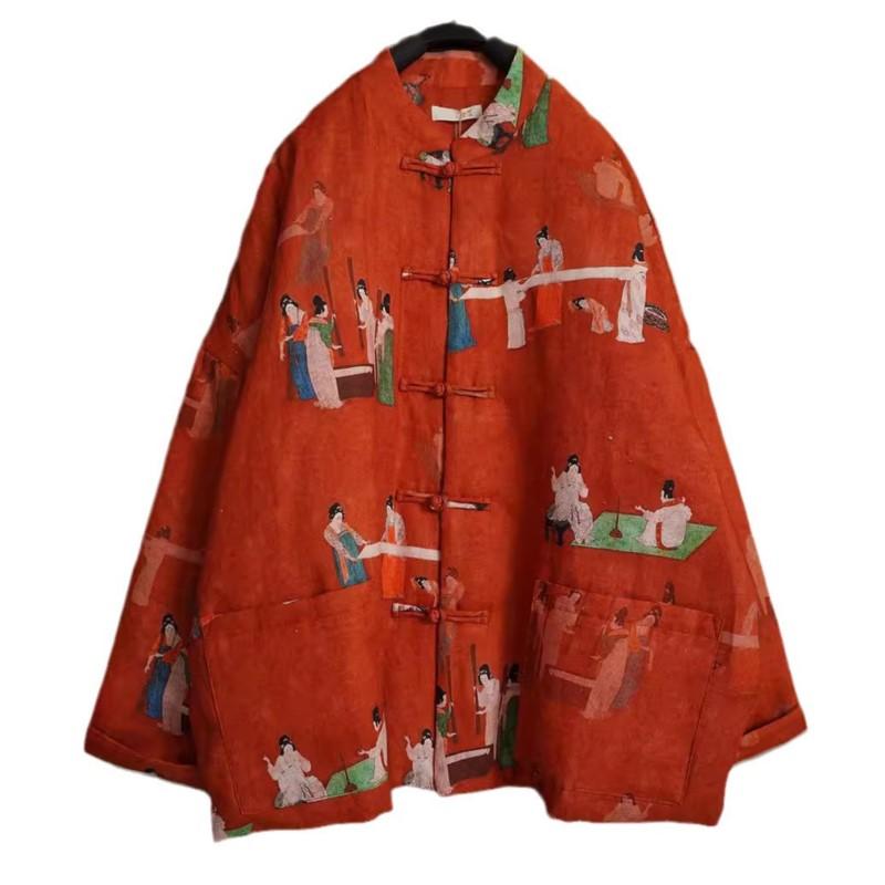 Johnature Women Vintage Stand Long Sleeve Coats Spring Chinese Style Print Floral Button Pockets Coats