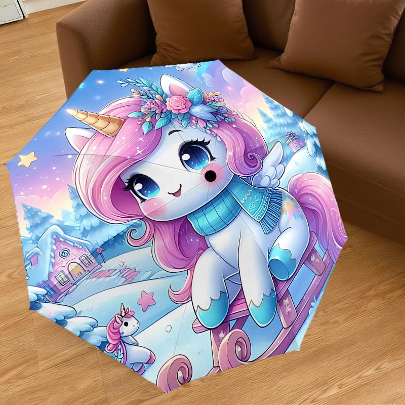 1PC Unicorn Winter Automatic Open/Close Umbrella with Windproof, 8-Rib Sturdy Canopy, Durable Ribs, Fashionable Design, Outdoor Accessory, Fun Prin, H