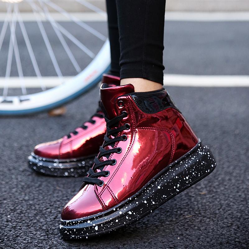 Fashion Patent Leather Casual Sneakers Men Designer Glitter Platform Shoes Men Women Red Sneaker Lightweight Mens High Top Shoes