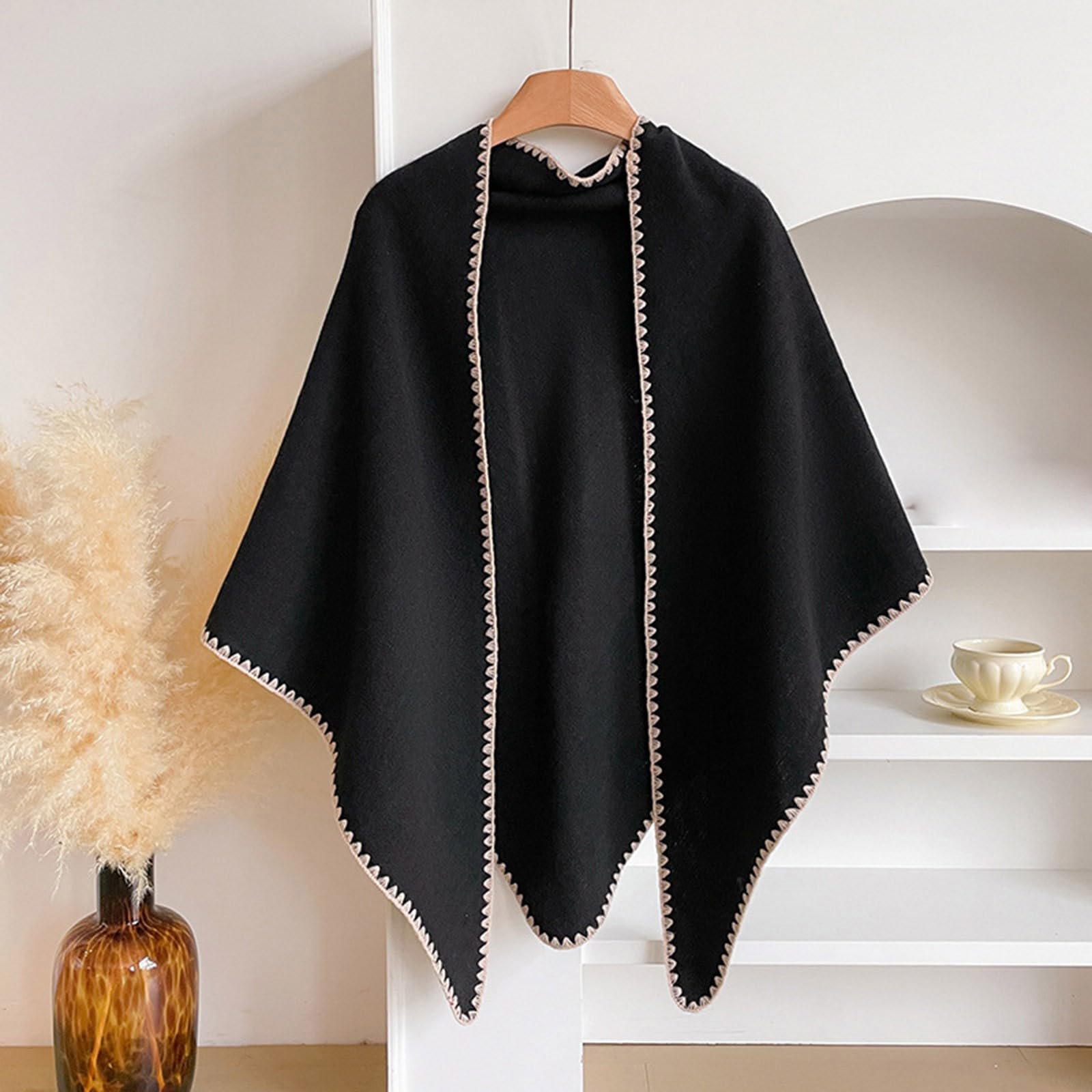 

Cashmere Fashion Shawl Faux Versatile Trendy Chic Cape Textured Pattern Two Tone Trim Elegant Indoor Outdoor Stylish Ladies Wrap One Size чёрный