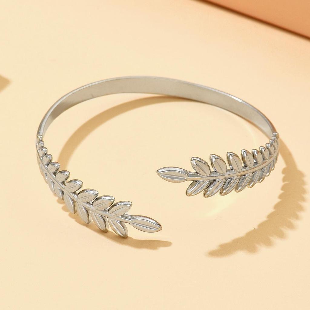 Elegant Stainless Steel Leaf Bracelet for Women - Forest Style with Versatile Wheat Ear Open Cuff Design