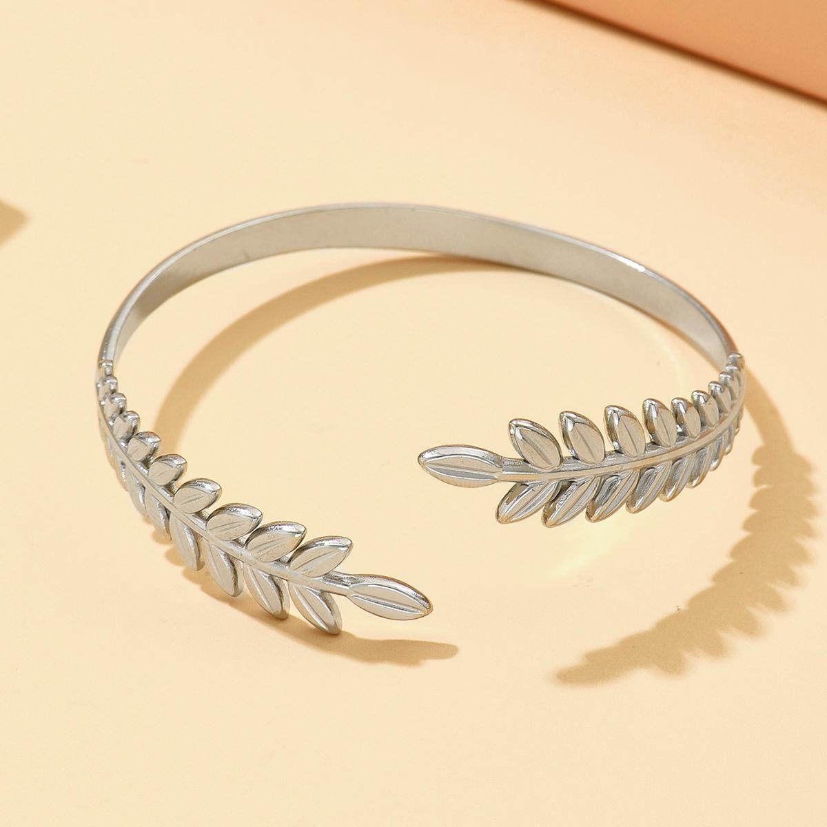 Elegant Stainless Steel Leaf Bracelet for Women - Forest Style with Versatile Wheat Ear Open Cuff Design