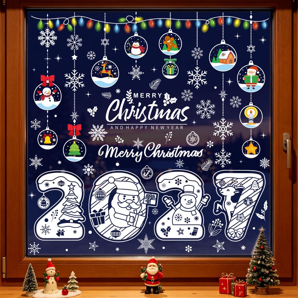1117 Christmas Stickers Merry Christmas Decals White Snowflake Static Cling Santa Reindeer Snowman Window Decor