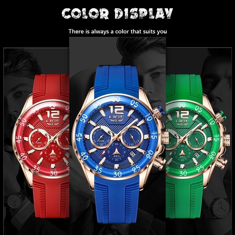 LIGE Neue Mode Herrenuhren Top Marke Luxus Quarz Armbanduhr Mann Sport Rotes Silikon Armbanduhr für Herren Reloj Hombre Chronograph