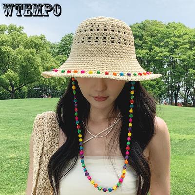 Women's Straw Hat Summer Seaside Vacation Sun Protection Hat Large Brim and Hollowed Out Sun Protection Fisherman Hat