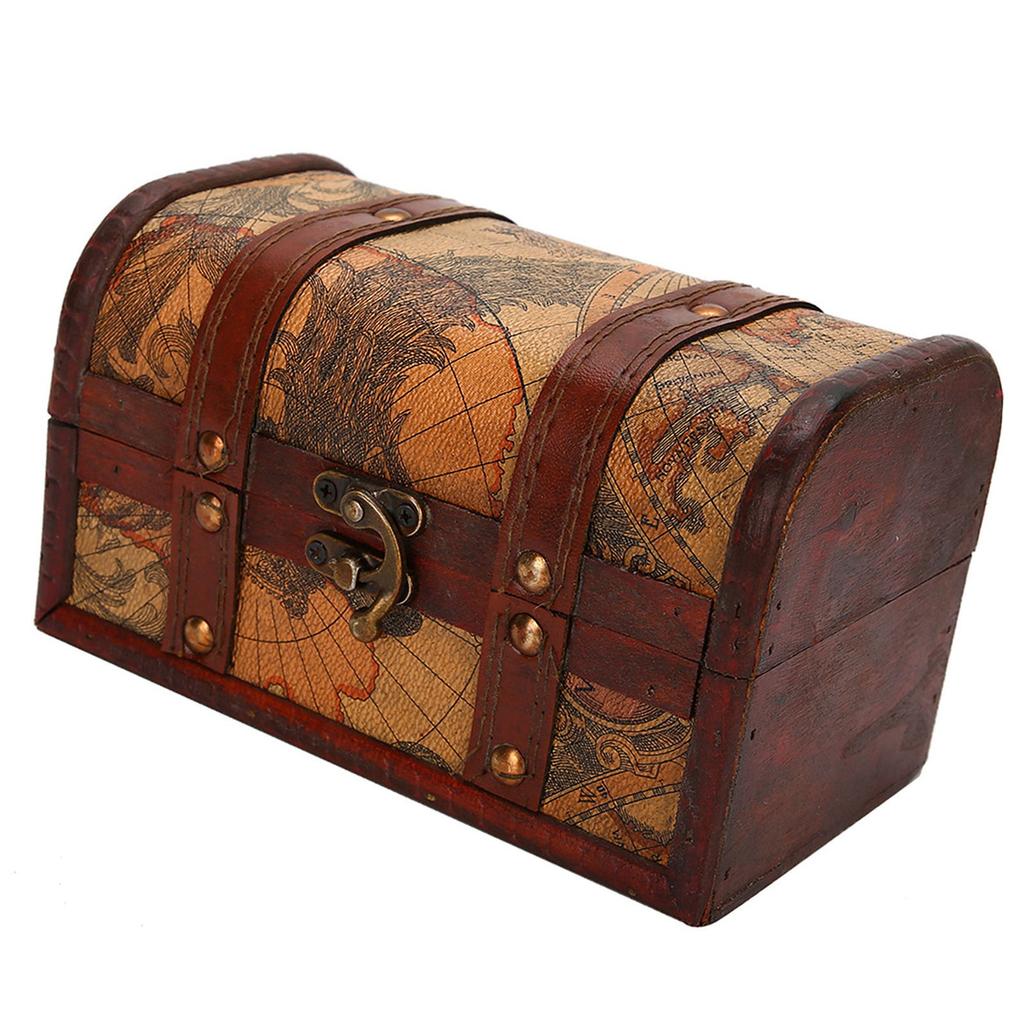 Vintage Wood Box Jewelry Storage Case Handmade Treasure Chest (Map)