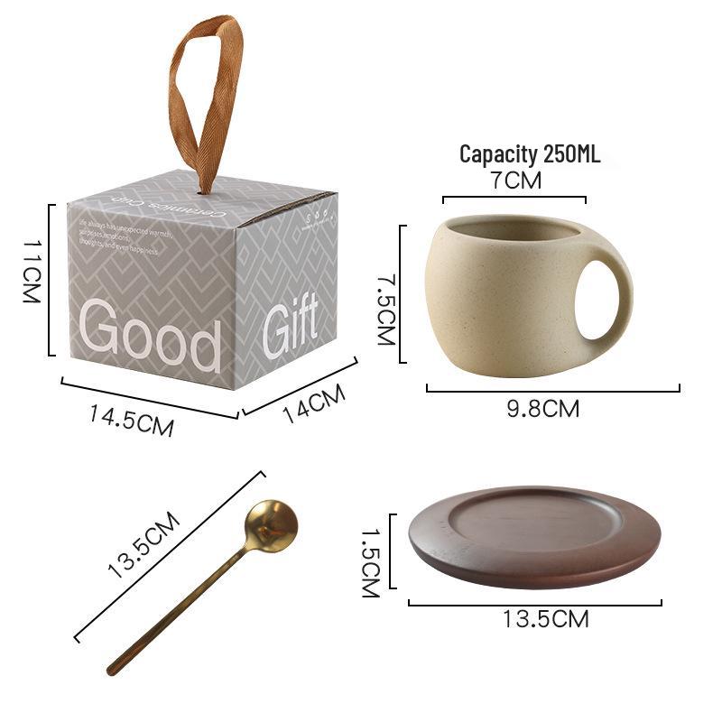 Set Retro Ceramică Cana de Cafea și Farfurioară cu Suporturi din Lemn și Lingurițe pentru Ceai și Cafea