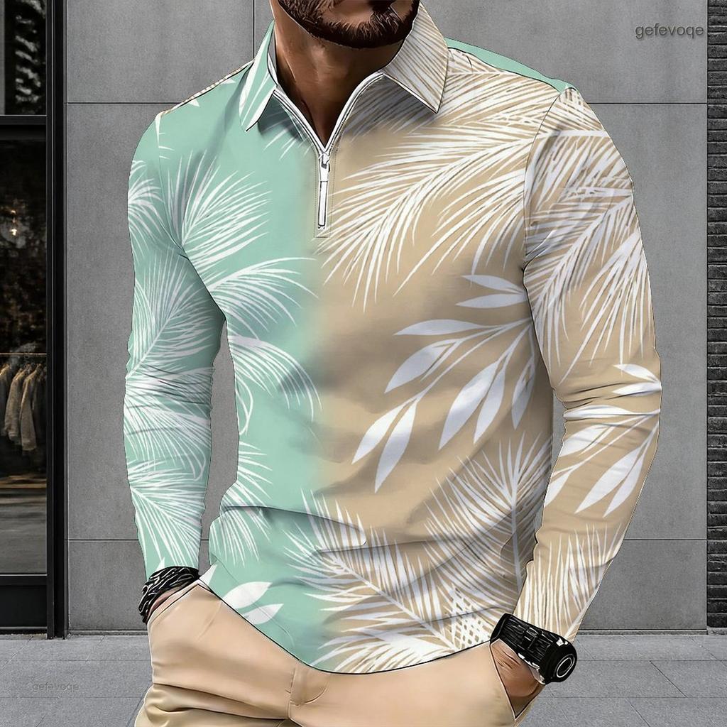 Men s Plus Size Quarter Zip Long Sleeve Collared Tropical Floral Printed Polo Shirt With Side Pockets