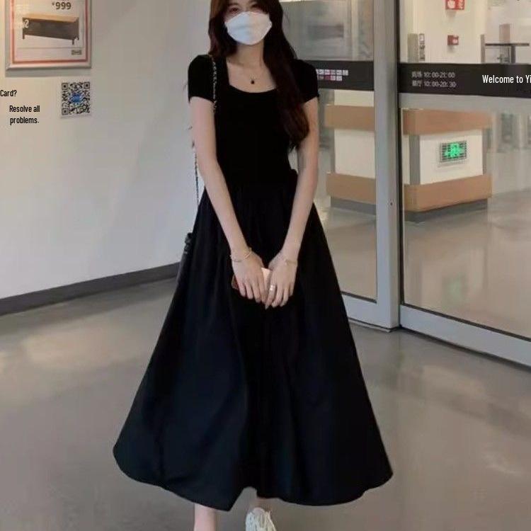 Hepburn-Style Waist-Cinched Slimming A-Line Black Dress - Women's 2026 Summer Short Sleeve Mid-Length