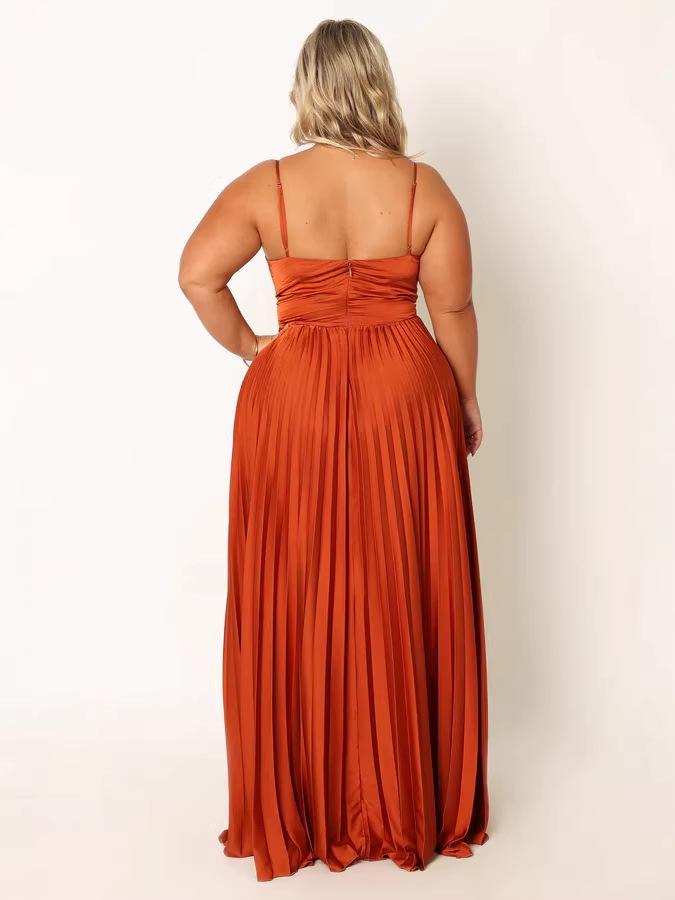 European Style Pleated Spaghetti Strap Dress - Women's Pine Smoke Ink Drop-Waist Long Dress
