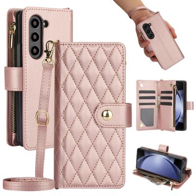 Crossbody Zipper Cards Solt Wallet Leather Case For Samsung Z Fold 7 6 5 4 3 5G Fold6 Fold5 Lanyard Kickstand Bag Pocket Cover