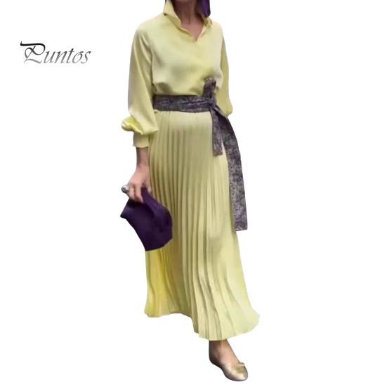 Women Dress Lapel V-Neck Long Sleeve Lace-up High Waist Long Dress Solid Color Pleated Hem Shirt Dress