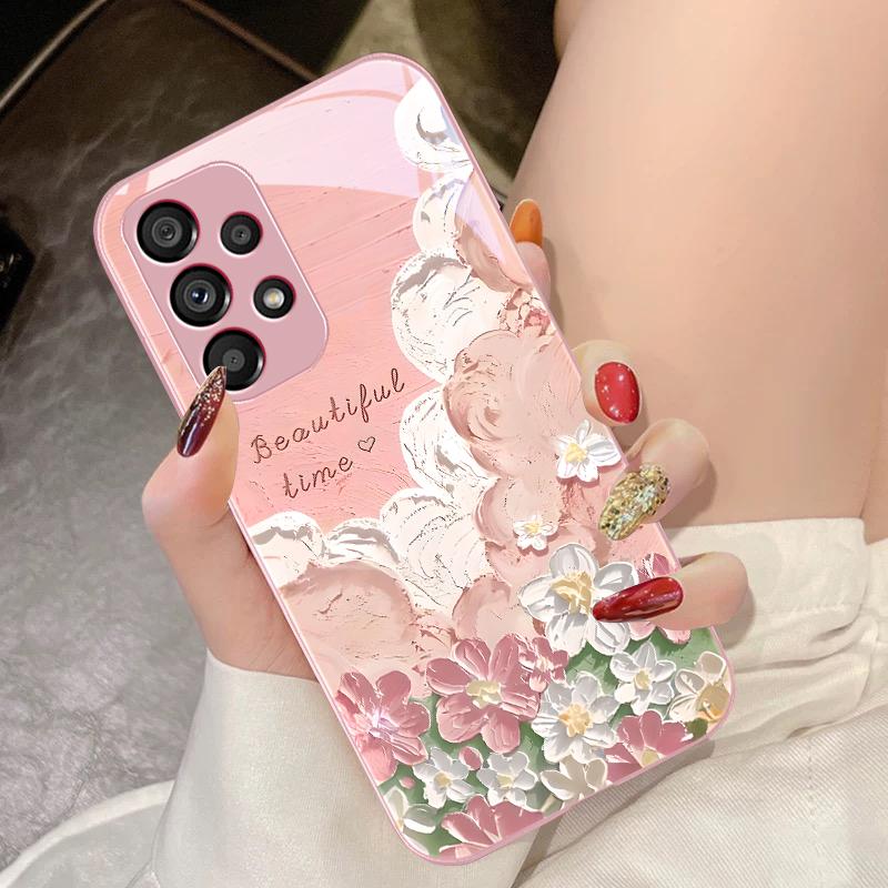 Oil Painting Flower Blue For Samsung Galaxy S10 4G S20 11E 30 S21 21Fe 22 S24 Pro S23 Ultra 5G S8 S9 Tempered Glass Phone Case
