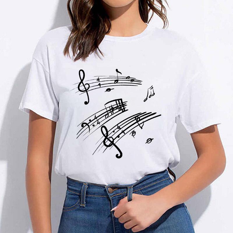 

Music Note Printed Short Sleeved Tshirt with White Triangular Collar Butterfly Art Fashion Simple and Versatile Unisex Top S