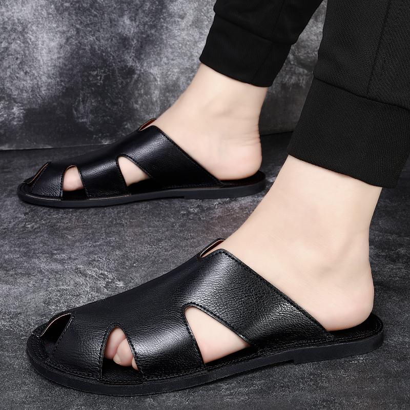 Fashion New Arrival Male Half Drag Business Men Lazy Flats Outdoor Men Leather Sandals Quick-Dry Travel Slides Comfortable Beach Shoes