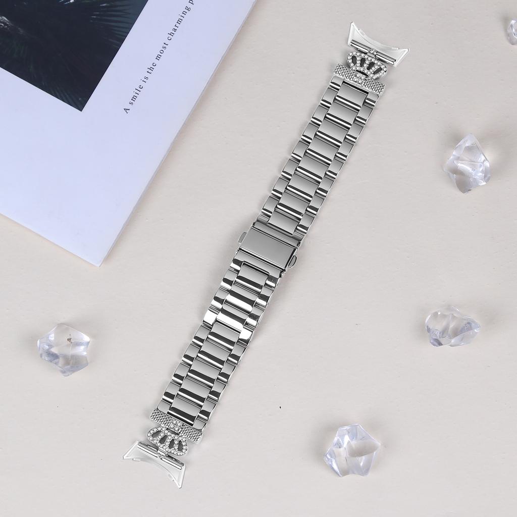 For Google Pixel Watch 2/Watch Stainless Steel Strap Crown Shape Rhinestone Decor Silver Watch Band