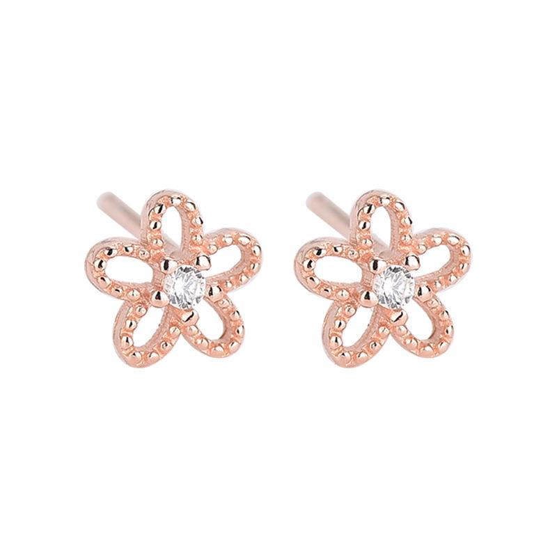 S925 Sterling Silver Korean Diamond Zircon Hollow Flower Earrings - Literary Fresh Five-Petal Design (Single Piece)