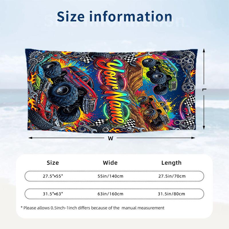 Monster Truck Thema Strandtuch Personalisiert mit Name & Text Weich Schnelltrocknend Strandtuch für Schwimmen Reisen