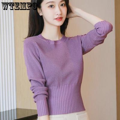 Suéteres básicos cortos Suéter de cuello redondo para mujer Suéteres ajustados para mujer Tops elásticos para mujer