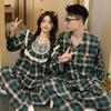 Korean-Inspired Autumn/Winter Plaid Pajama Set with Lace Trim for Couples