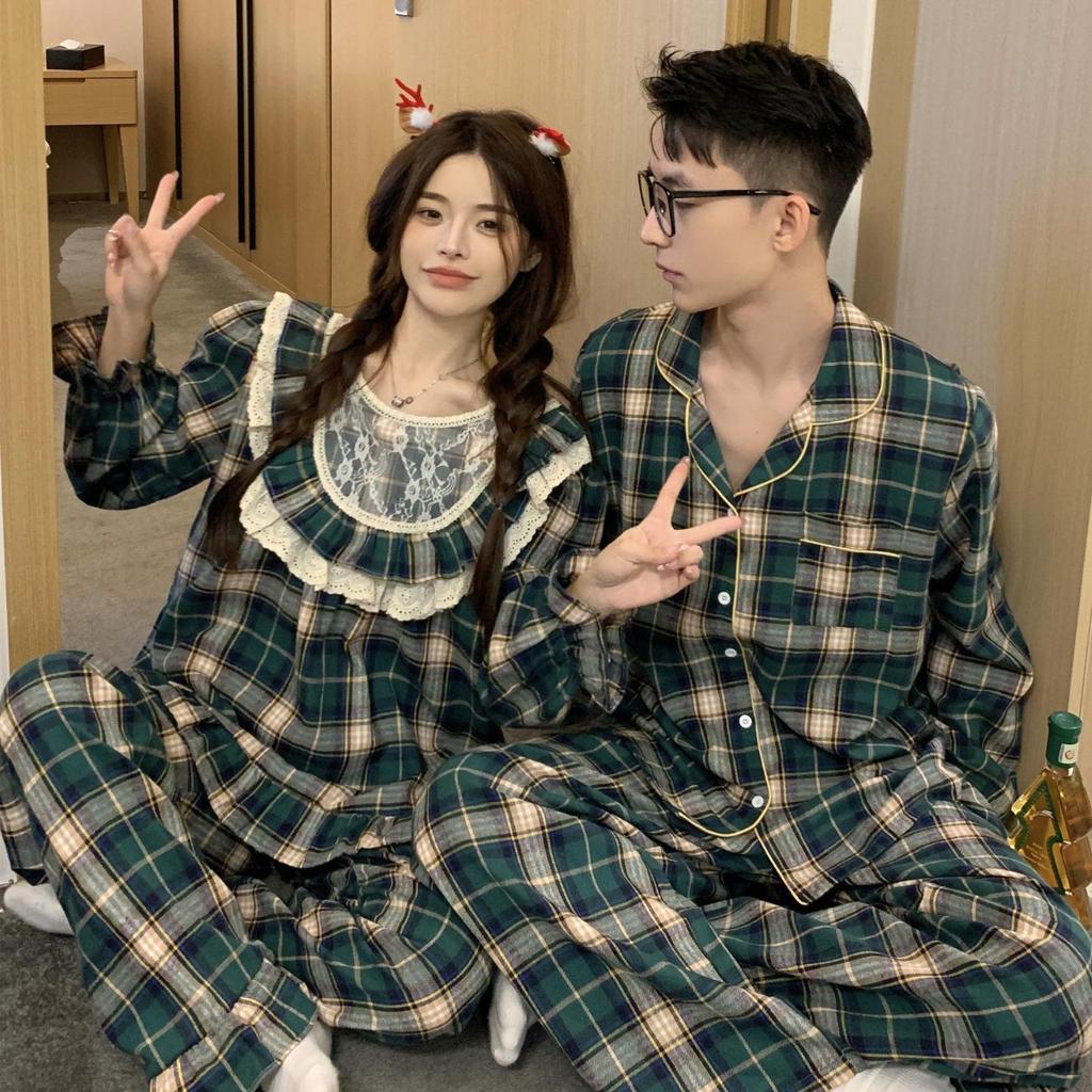 Korean-Inspired Autumn/Winter Plaid Pajama Set with Lace Trim for Couples