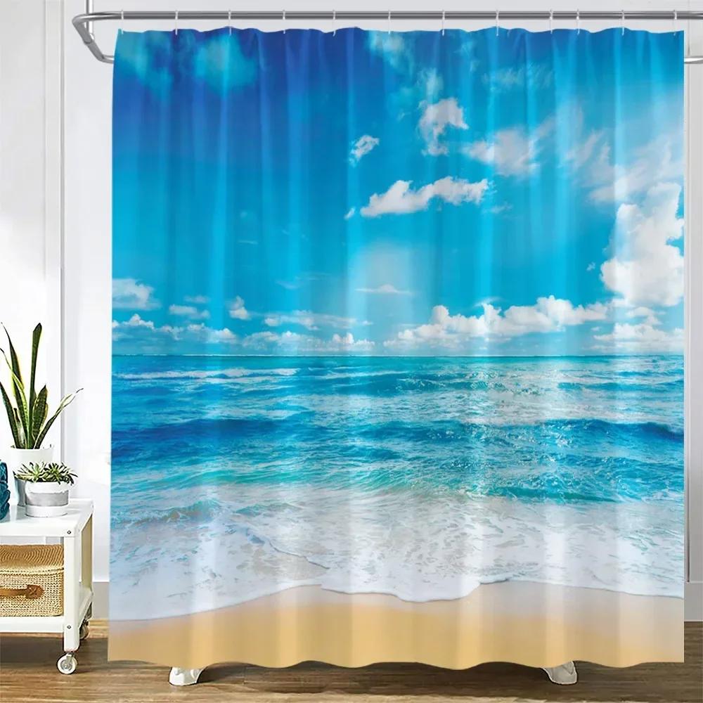 Dusk Sunset Beach Shower Curtains Tropical Ocean Palm Tree Forest Waterfall Nature Scenery Cloth Home Decor Bathroom Curtain Set