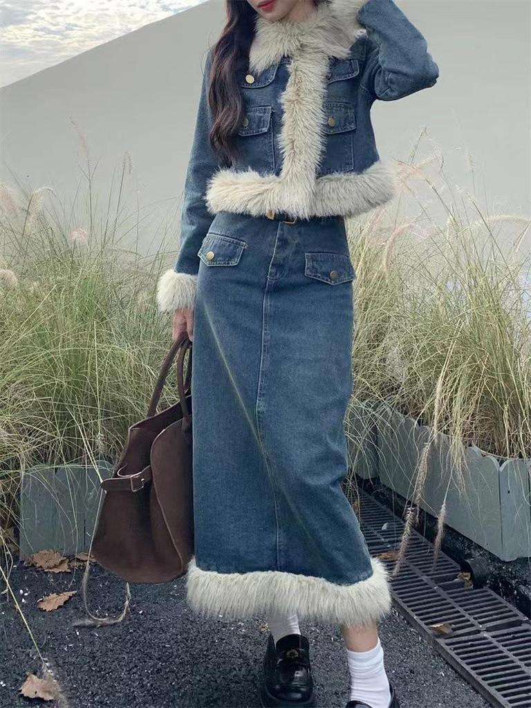 Korean Drama Inspired Retro Denim Fluffy Coat & Long Skirt Two-Piece Set