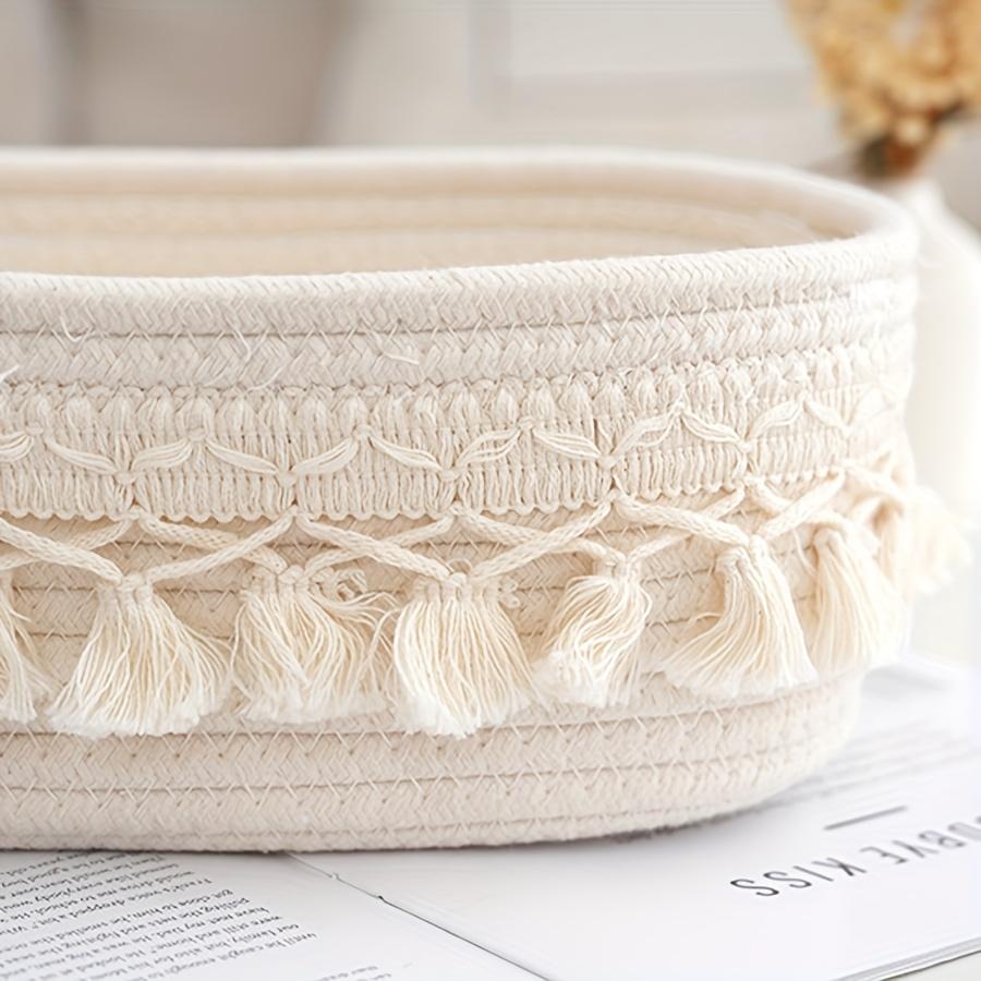 Boho Chic White/Khaki Rectangular Tassel Storage Basket Polyester Rope Organizer with Open Top for Living Room Bedroom Bathroom
