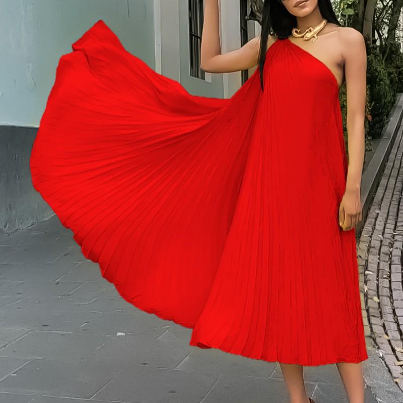

Elegant Pure Color Pleated Sleeveless Oblique Collar Large Skirt Dress XL червоний