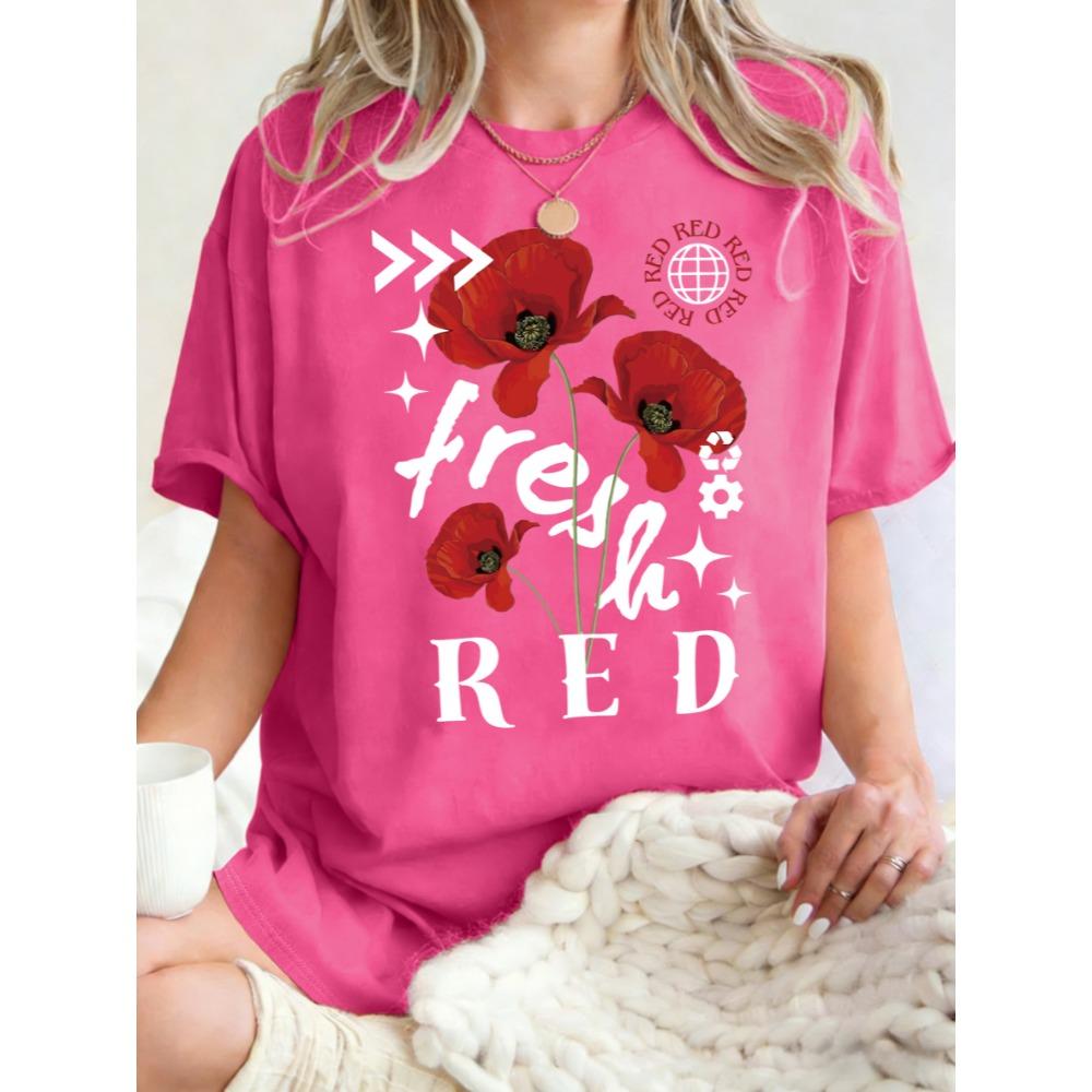 Fresh Beautiful Red Flower Pattern Womens T Shirts Cotton Casual T-Shirt Summer O-Neck Clothes Oversized Sportswear